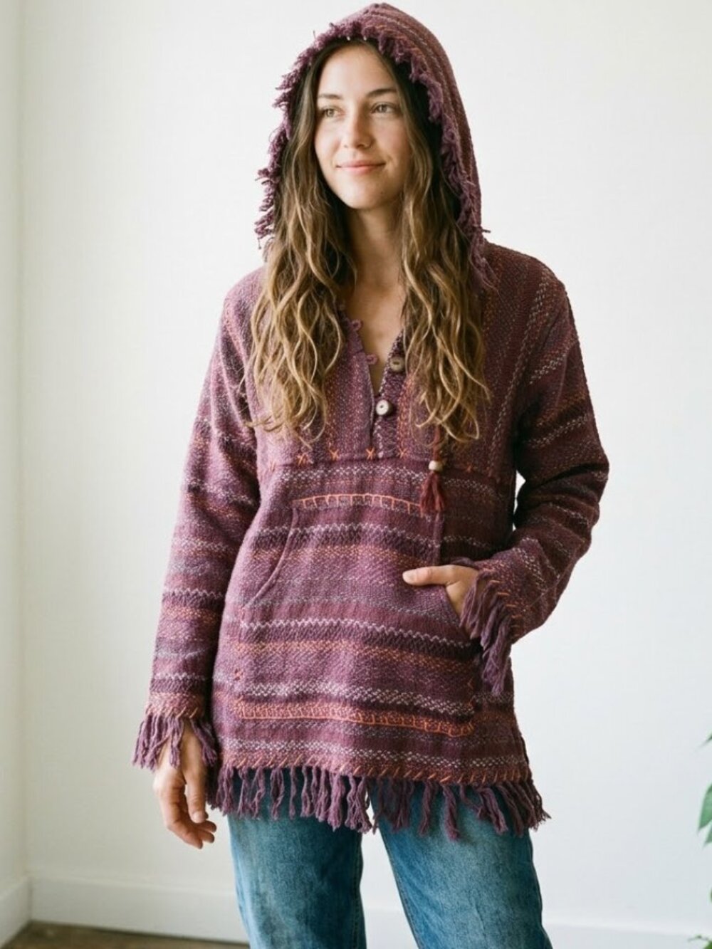 Gypsy Rose Hoodie Purple Woven Fringe Hooded Hippie Boho Festival S/M NWT